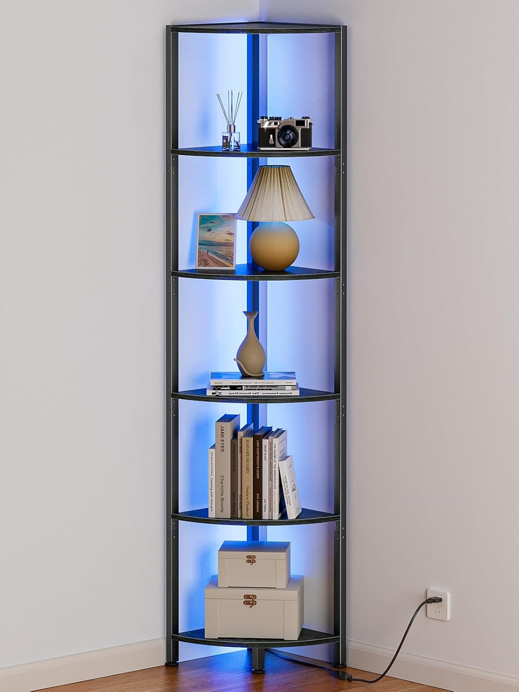 6-Tier Black LED Corner Bookshelf
