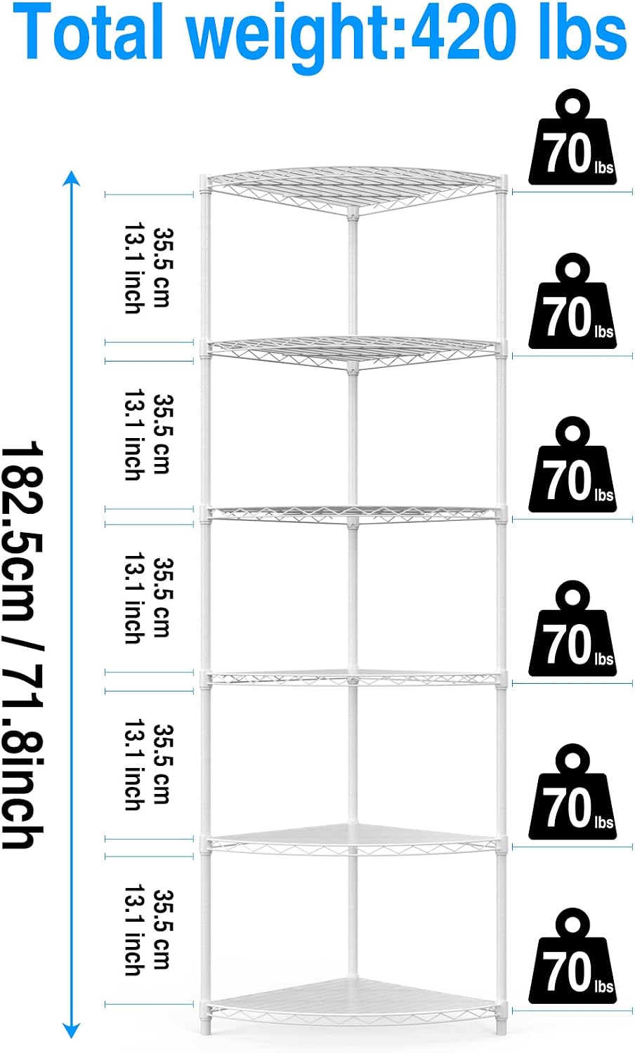 72" Metal 6-Tier Corner Wire Shelf