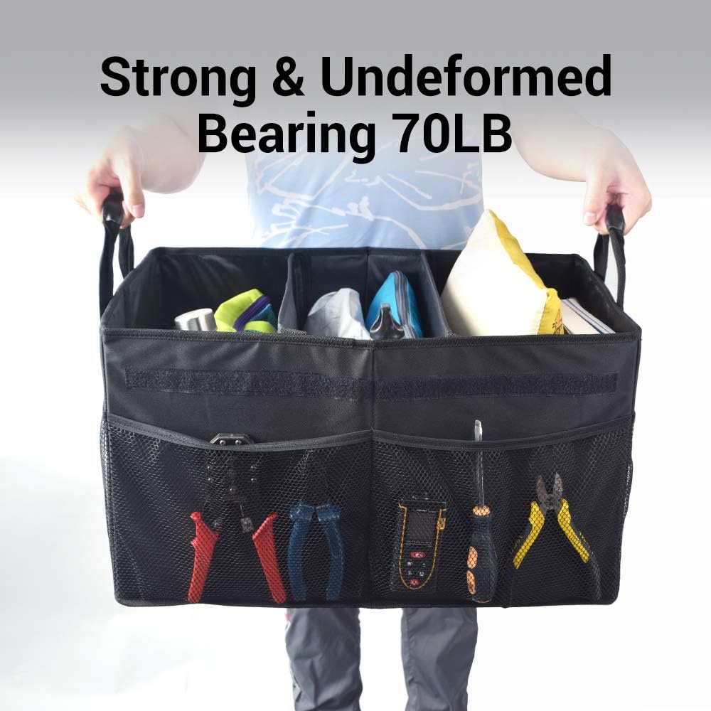 Black Extra Large Car Trunk Organizer with Lid & Leather Handles