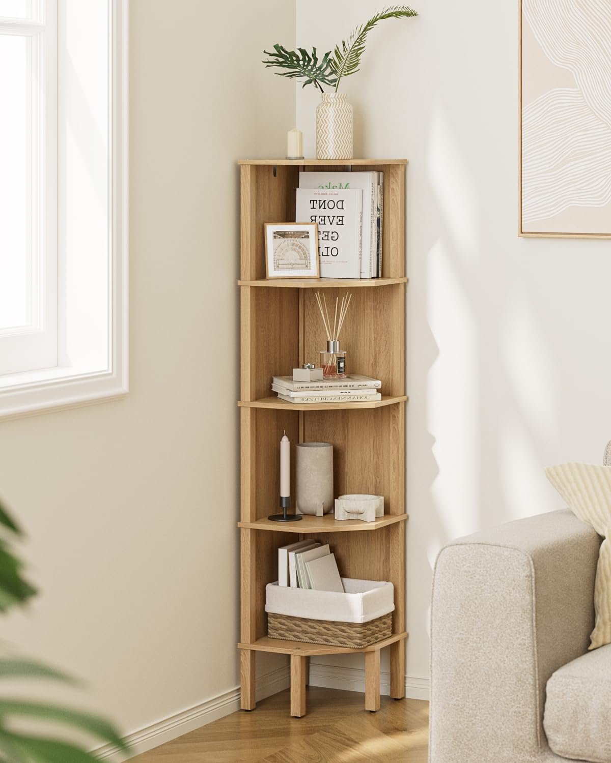 Oak 5-Tier Corner Storage Bookshelf