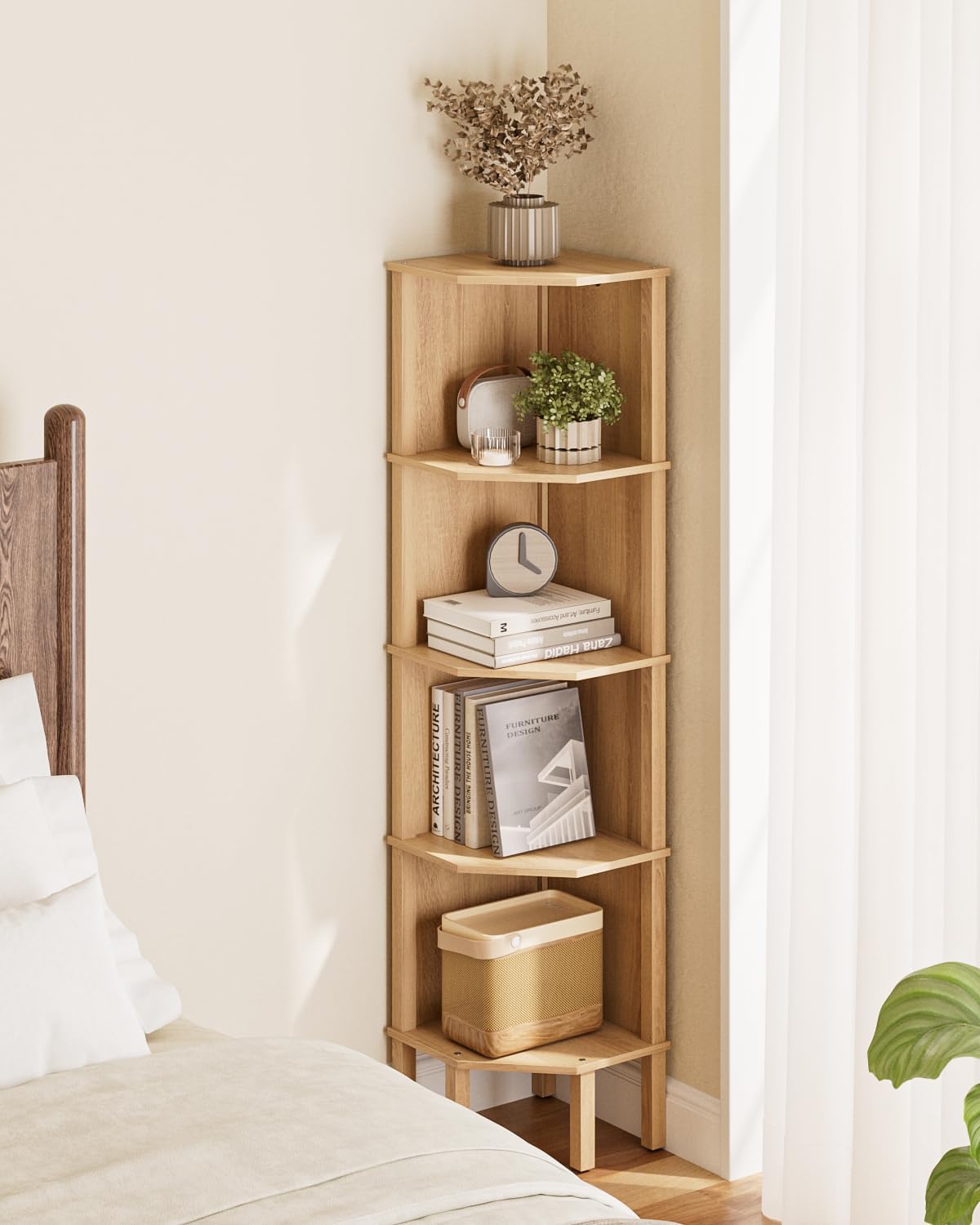 Oak 5-Tier Corner Storage Bookshelf