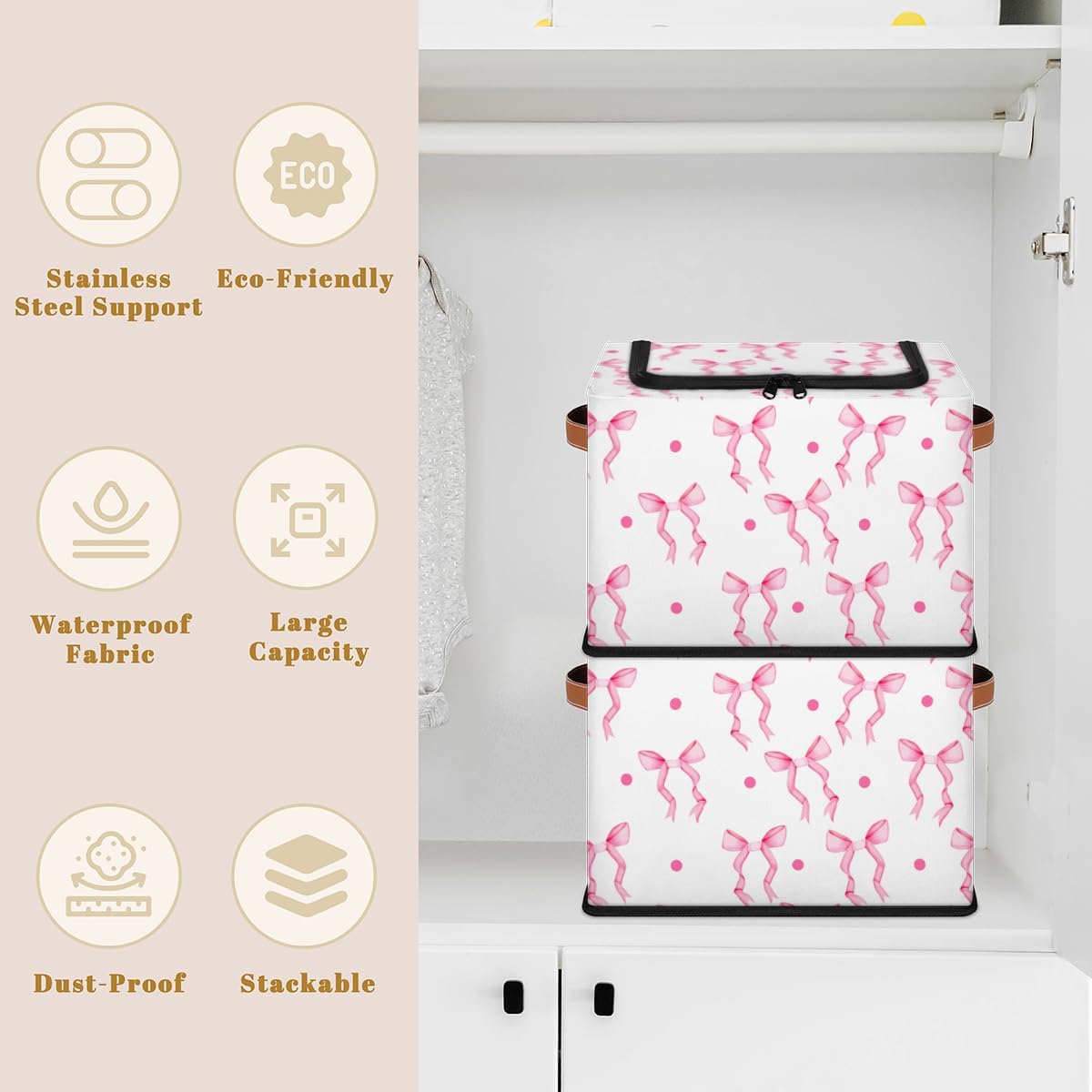 Pink Bow Zipper Lid Collapsible Storage Bin