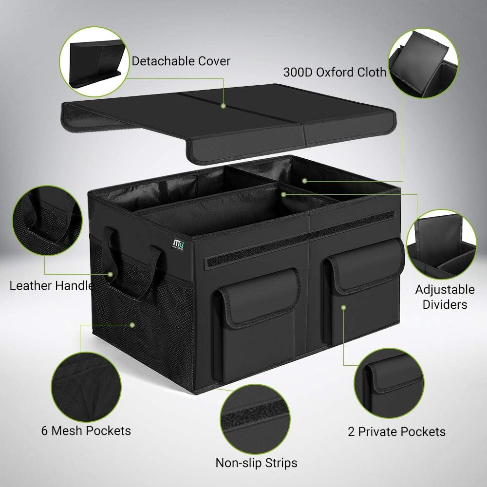 Black Extra Large Car Trunk Organizer with Lid & Leather Handles