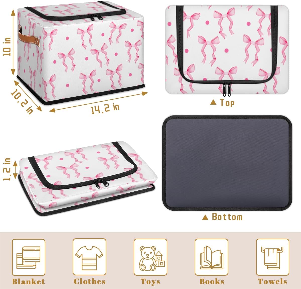 Pink Bow Zipper Lid Collapsible Storage Bin