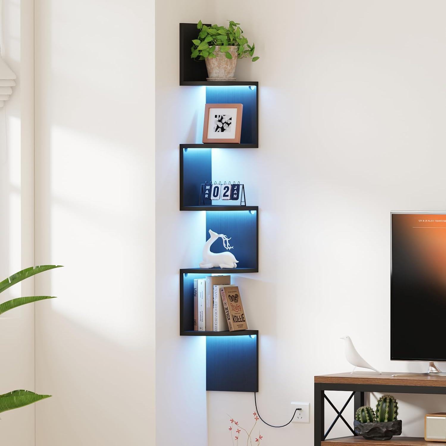 Black LED Floating 5-Tier Corner Shelf