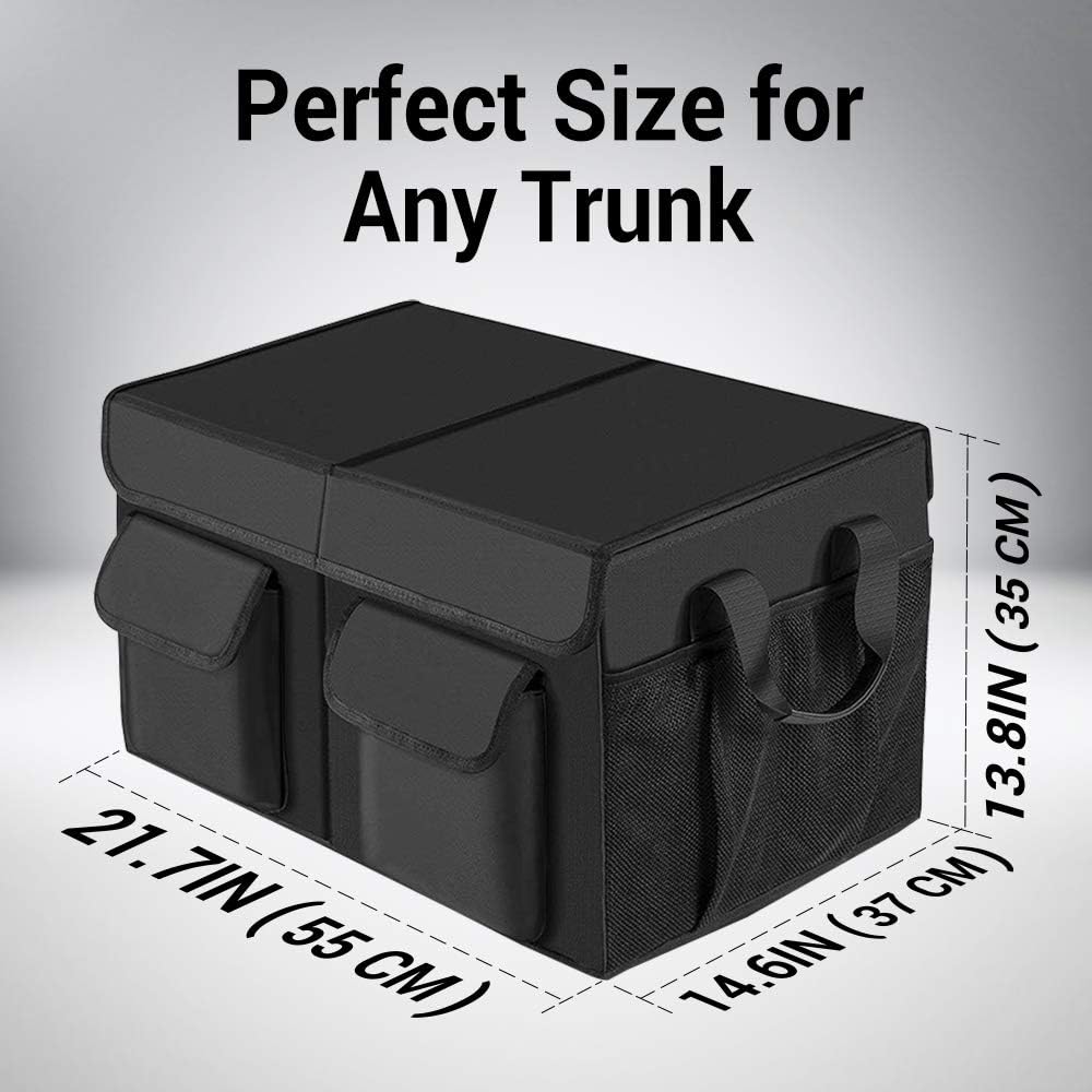 Black Extra Large Car Trunk Organizer with Lid & Leather Handles