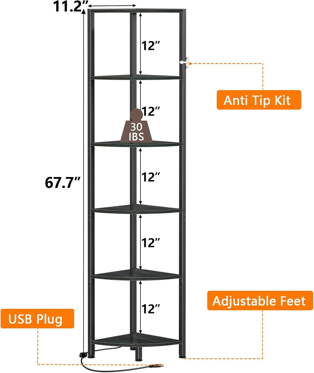 6-Tier Black LED Corner Bookshelf