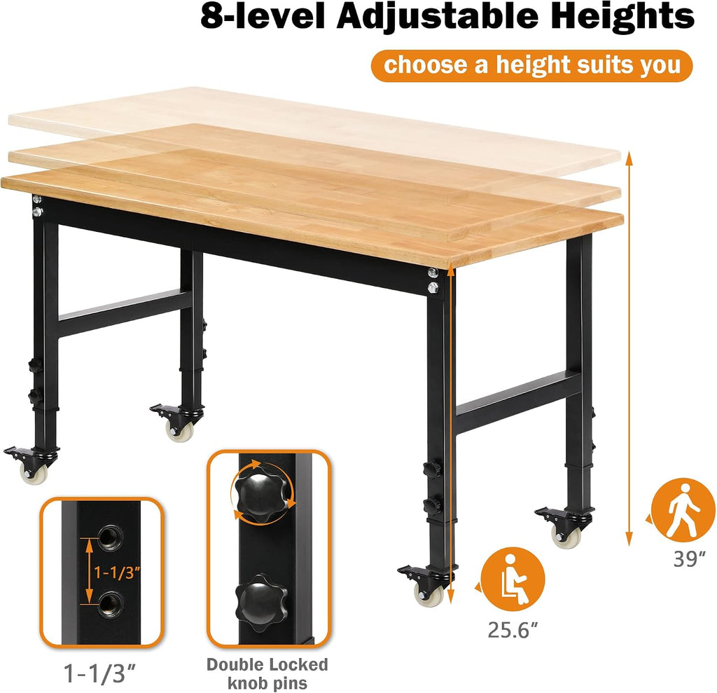48" Mobile Rubberwood Workbench 2000 LBS
