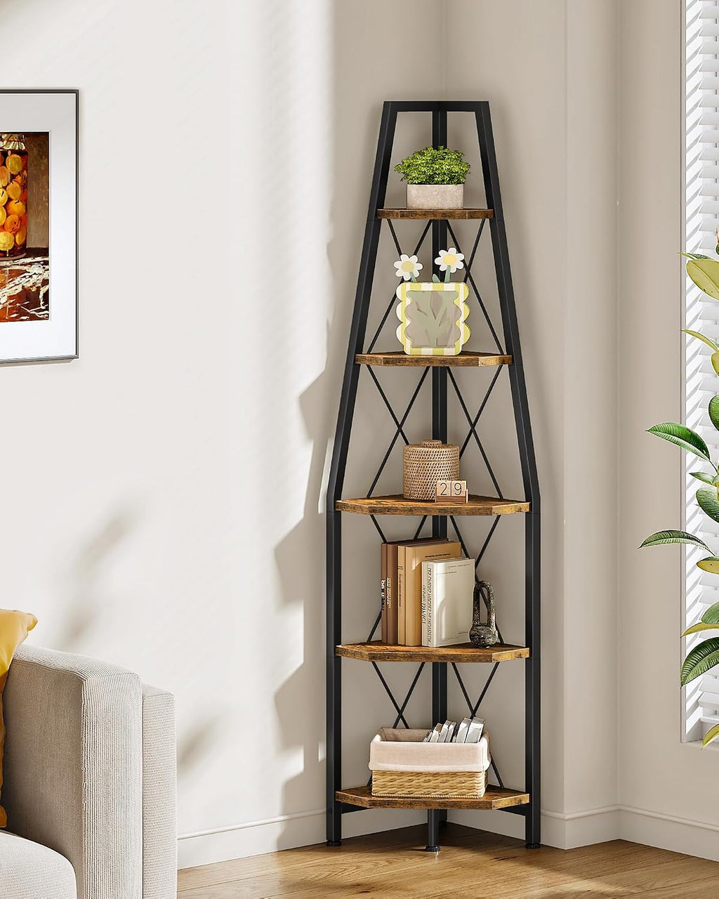 Rustic 5-Tier Corner Ladder Shelf
