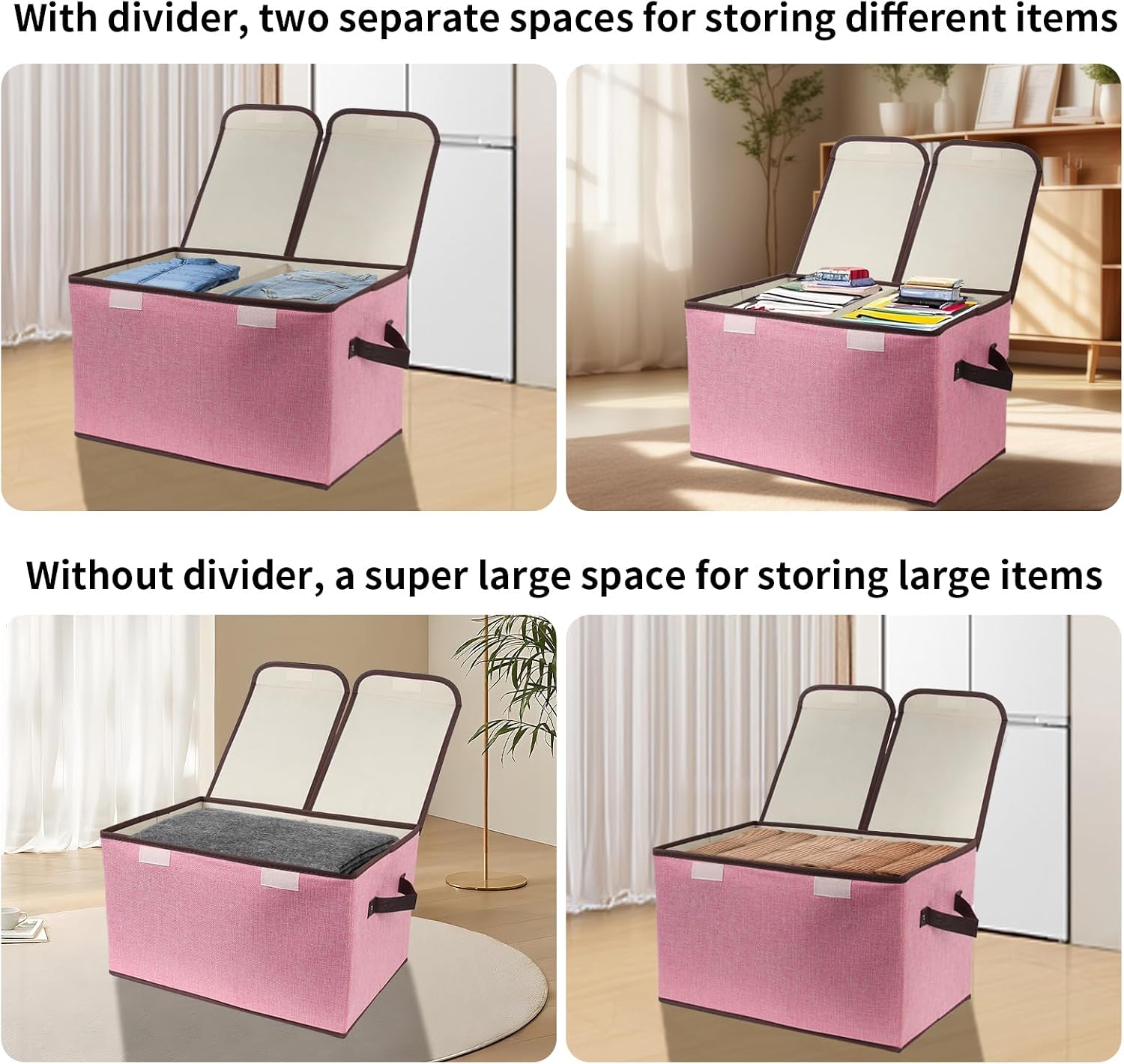 3 Pack Pink Double-Lid Fabric Storage Boxes with Dividers