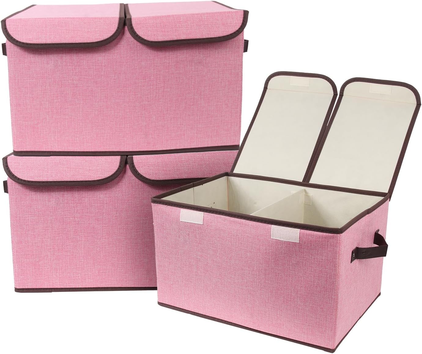 3 Pack Pink Double-Lid Fabric Storage Boxes with Dividers