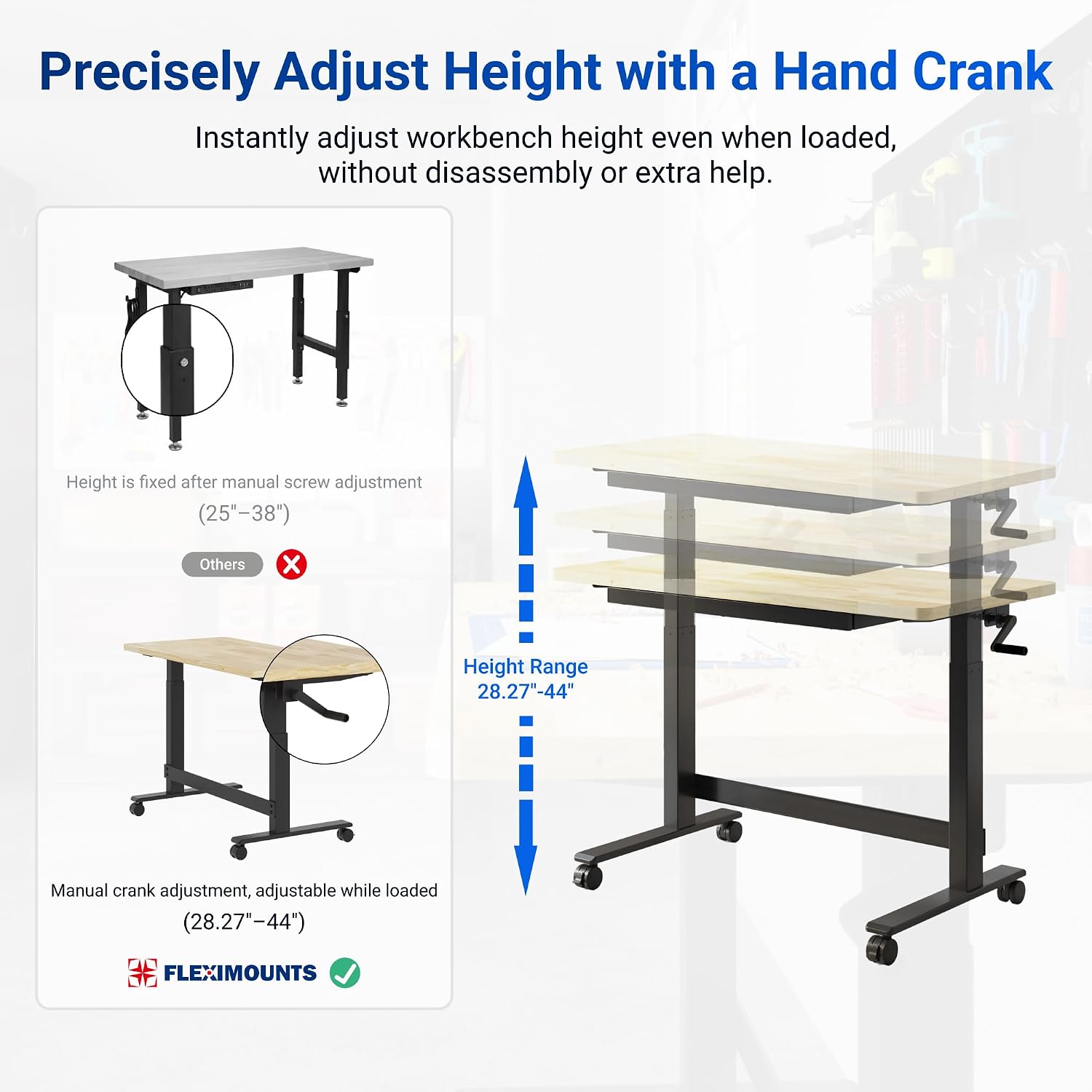47.2" Crank Rubberwood Mobile Workbench