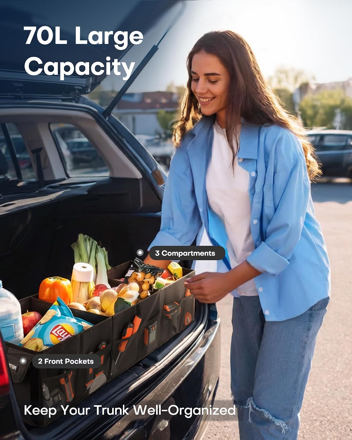Black 3 Compartment Foldable Car Trunk Organizer