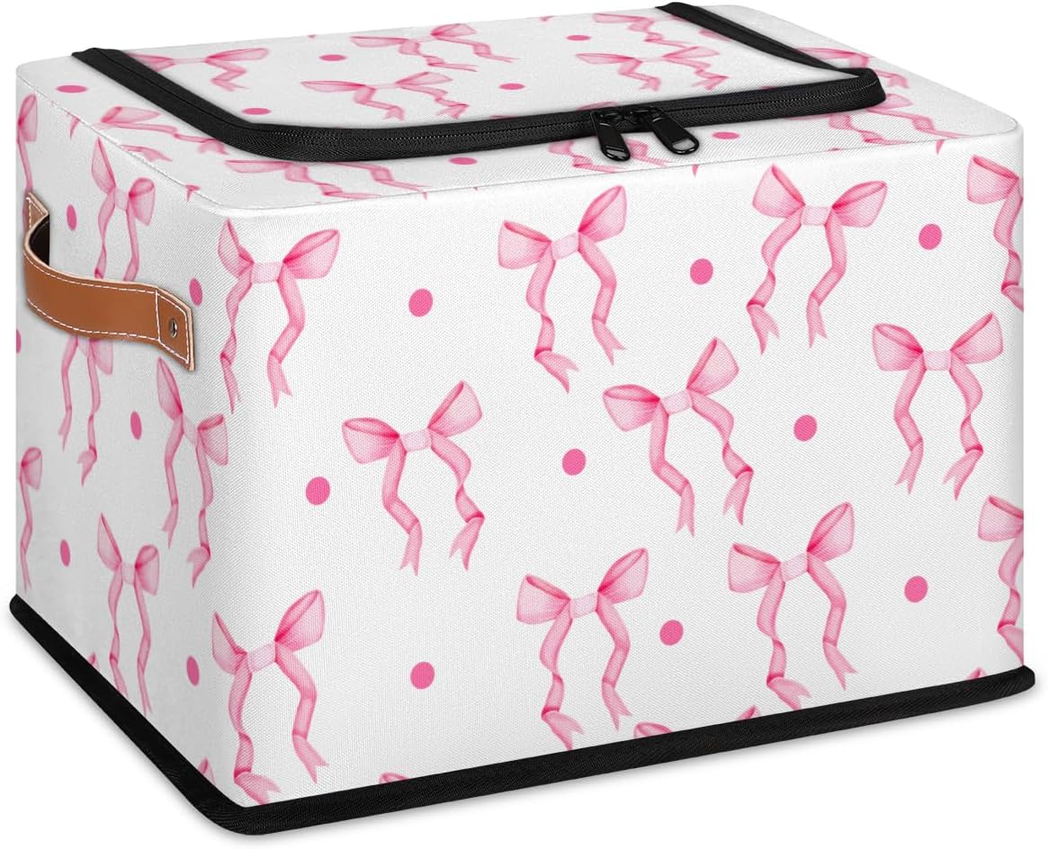 Pink Bow Zipper Lid Collapsible Storage Bin