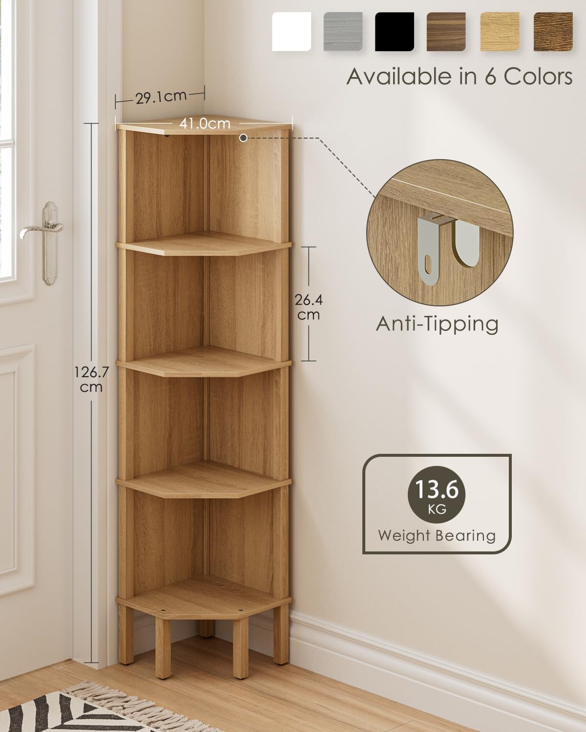 Oak 5-Tier Corner Storage Bookshelf
