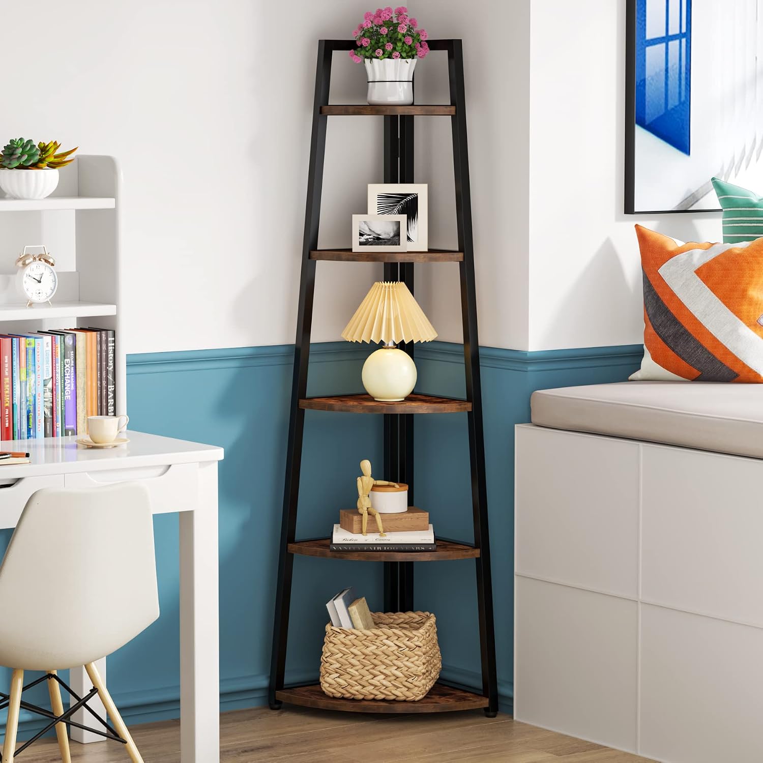 70" Brown 5-Tier Corner Bookshelf