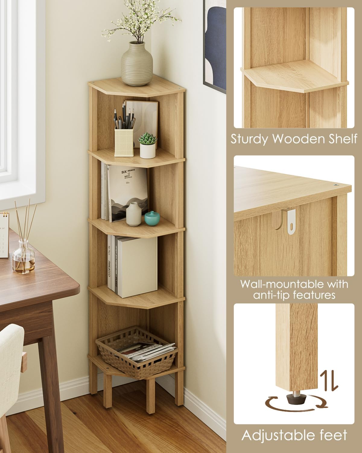 Oak 5-Tier Corner Storage Bookshelf