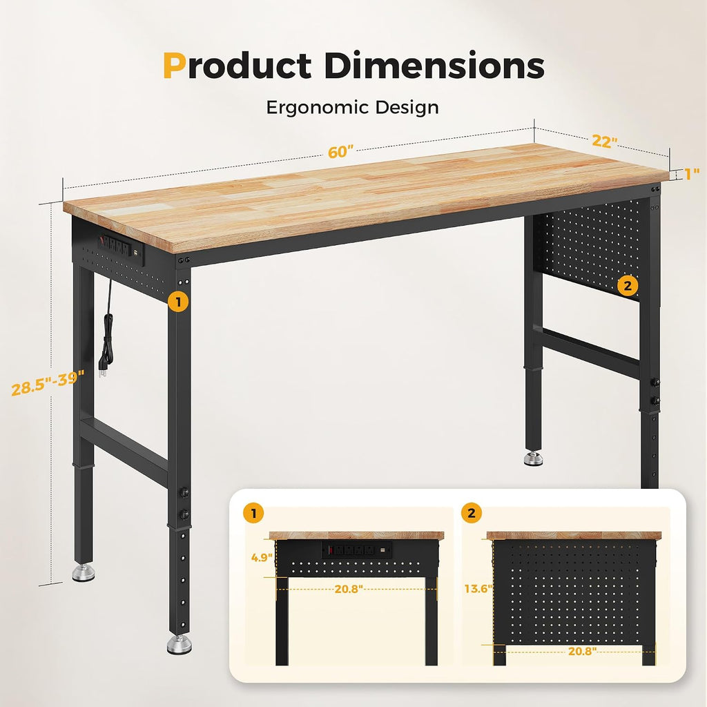 60" Rubberwood Pegboard Workbench 2000 LBS