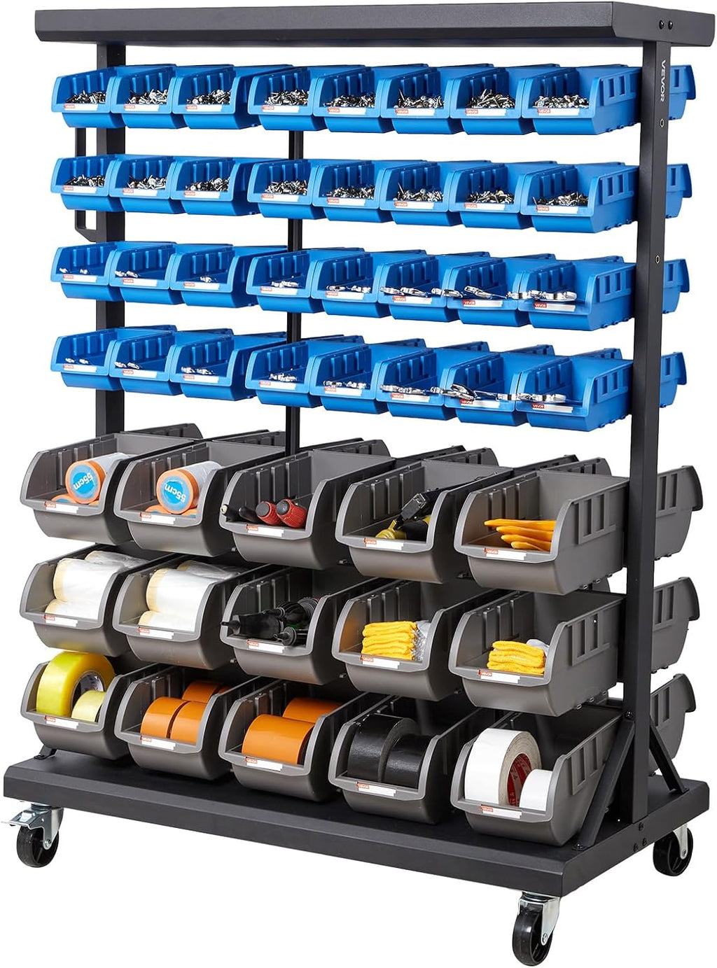 7-Tier Mobile Double-Sided Bin Storage Rack