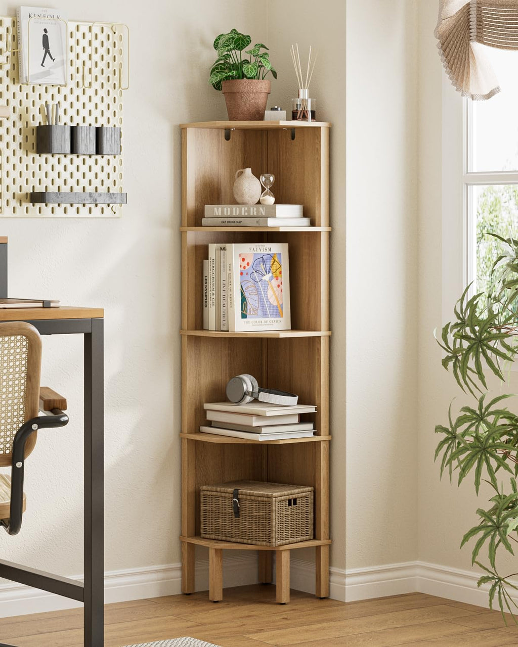 Oak 5-Tier Corner Storage Bookshelf