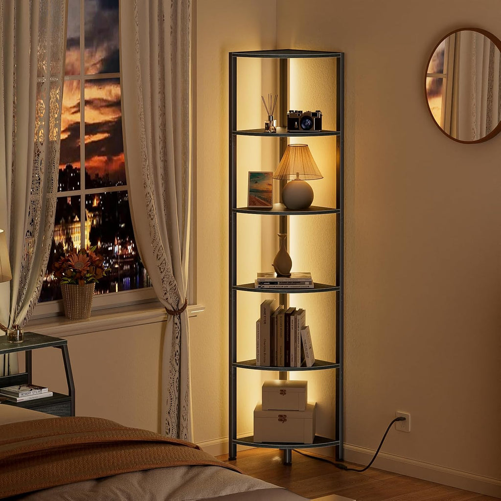 6-Tier Black LED Corner Bookshelf