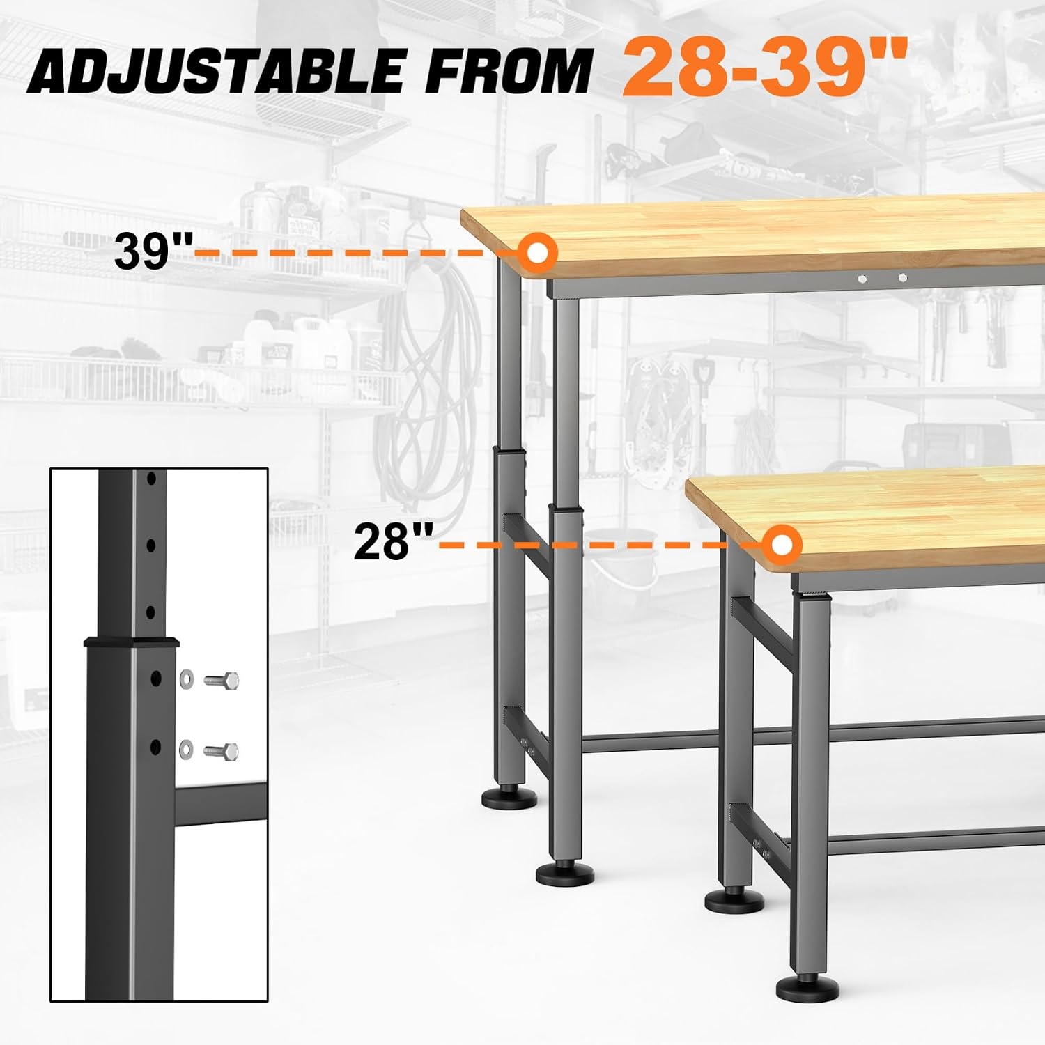42" Adjustable Rubberwood Workbench 2000 LBS