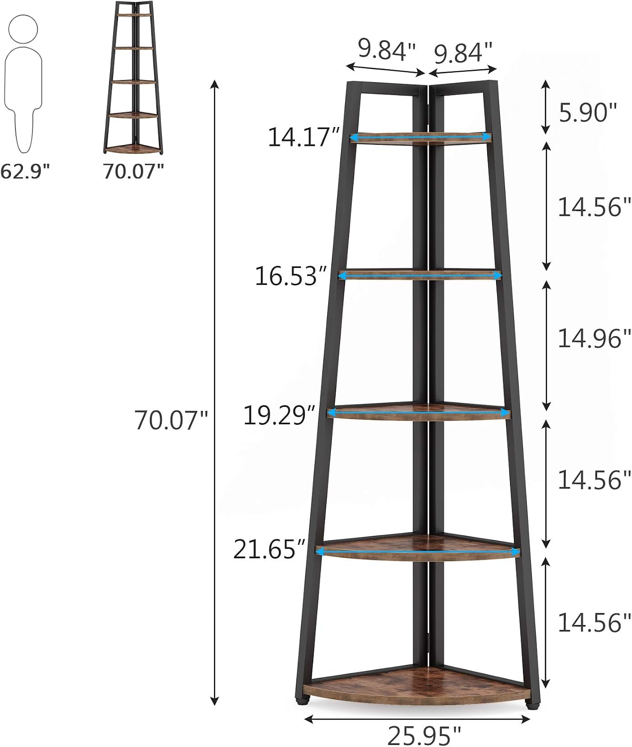 70" Brown 5-Tier Corner Bookshelf