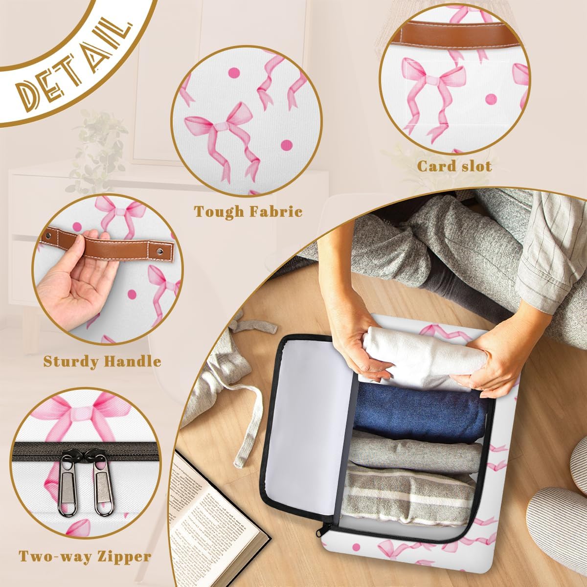 Pink Bow Zipper Lid Collapsible Storage Bin