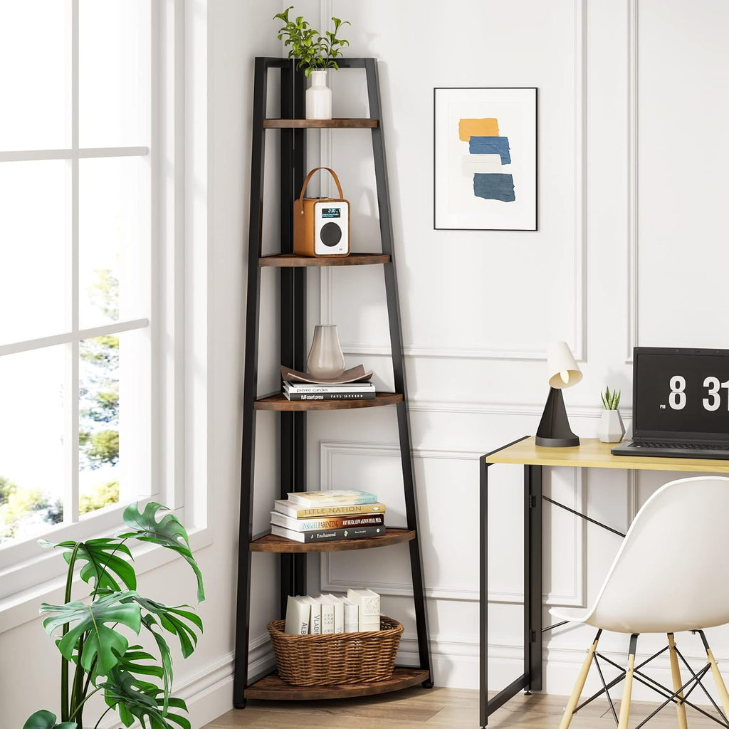 70" Brown 5-Tier Corner Bookshelf