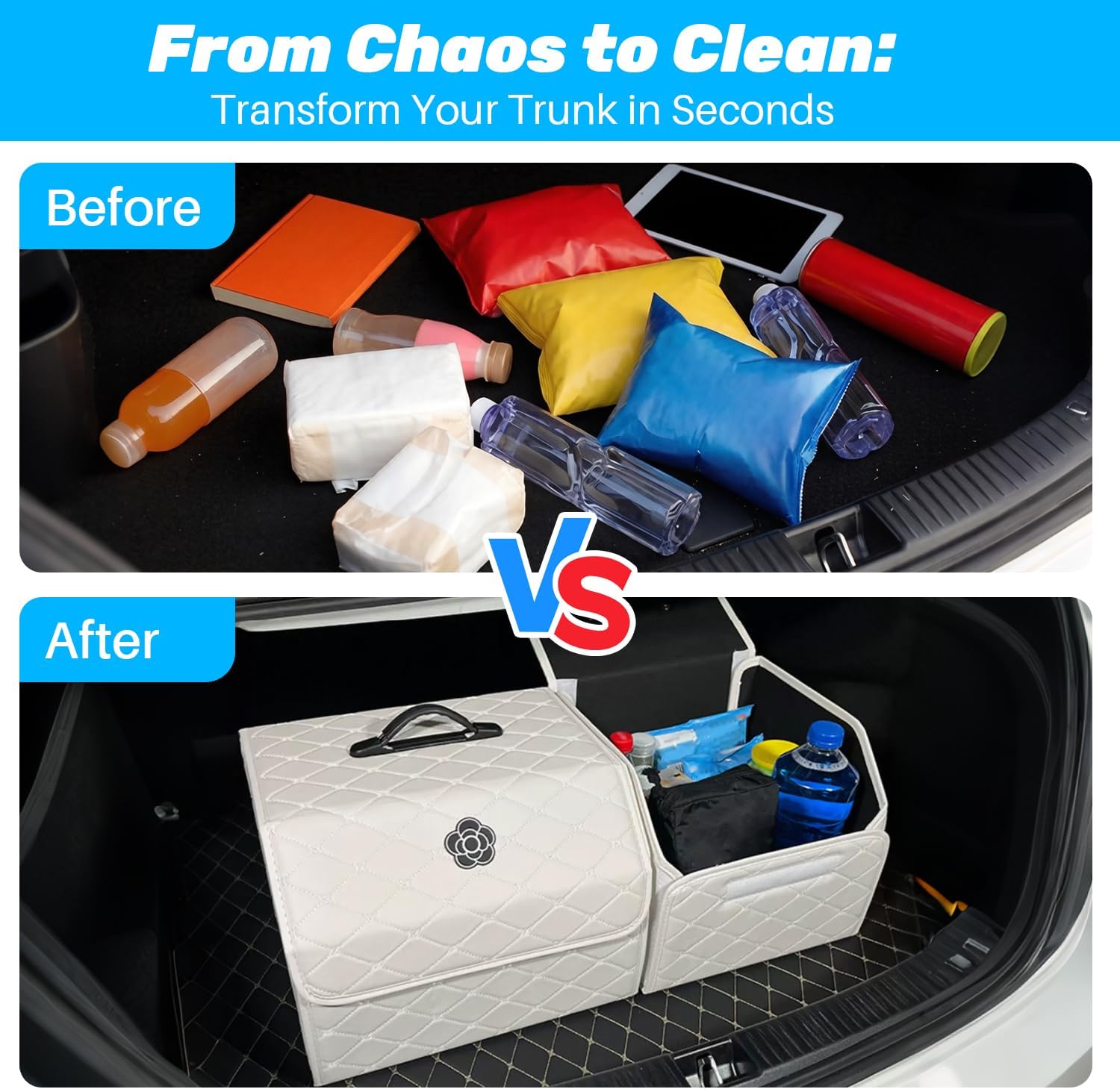 White PU Leather Car Trunk Organizer with Lid