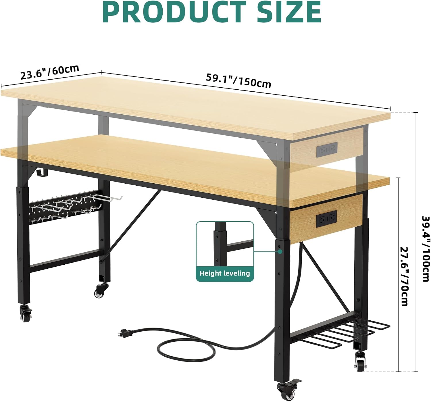 60" Mobile Adjustable Workbench 1600 LBS