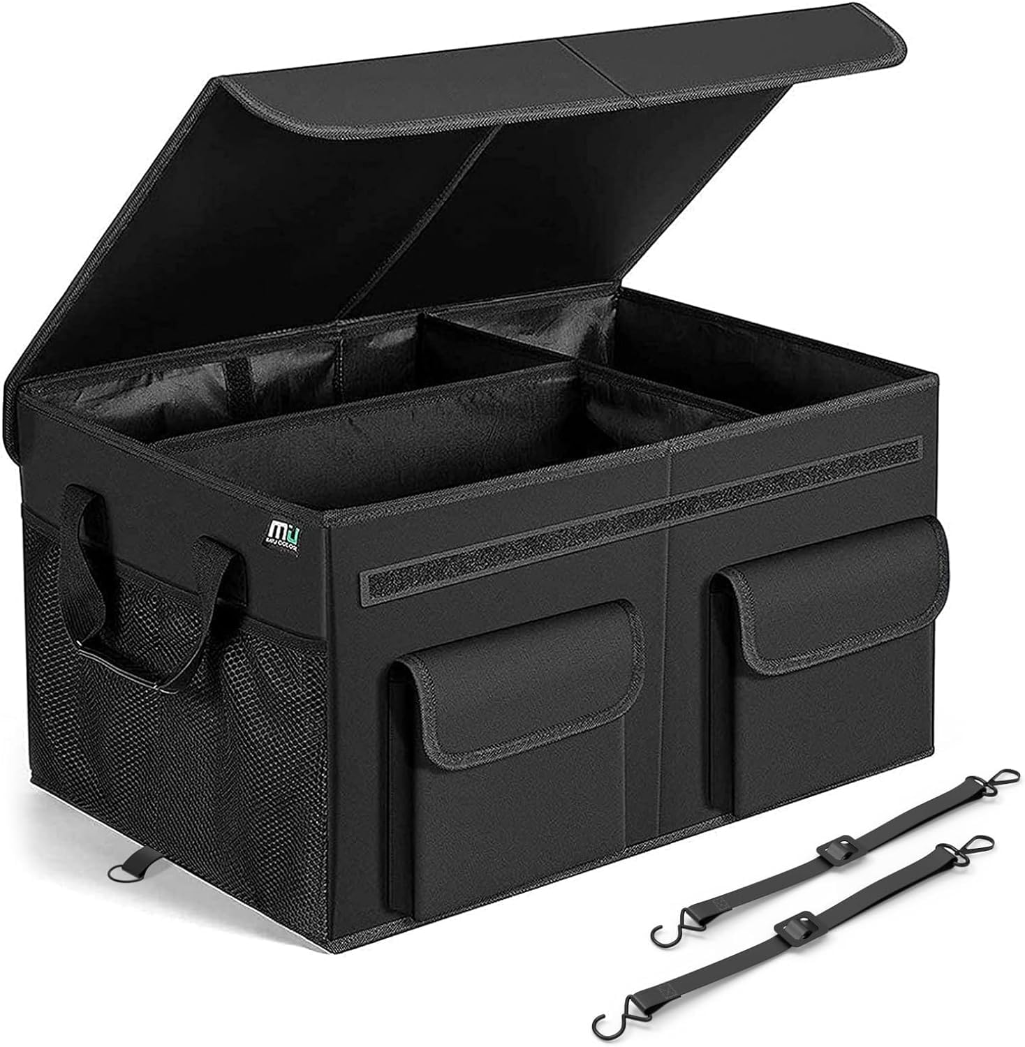 Black Extra Large Car Trunk Organizer with Lid & Leather Handles