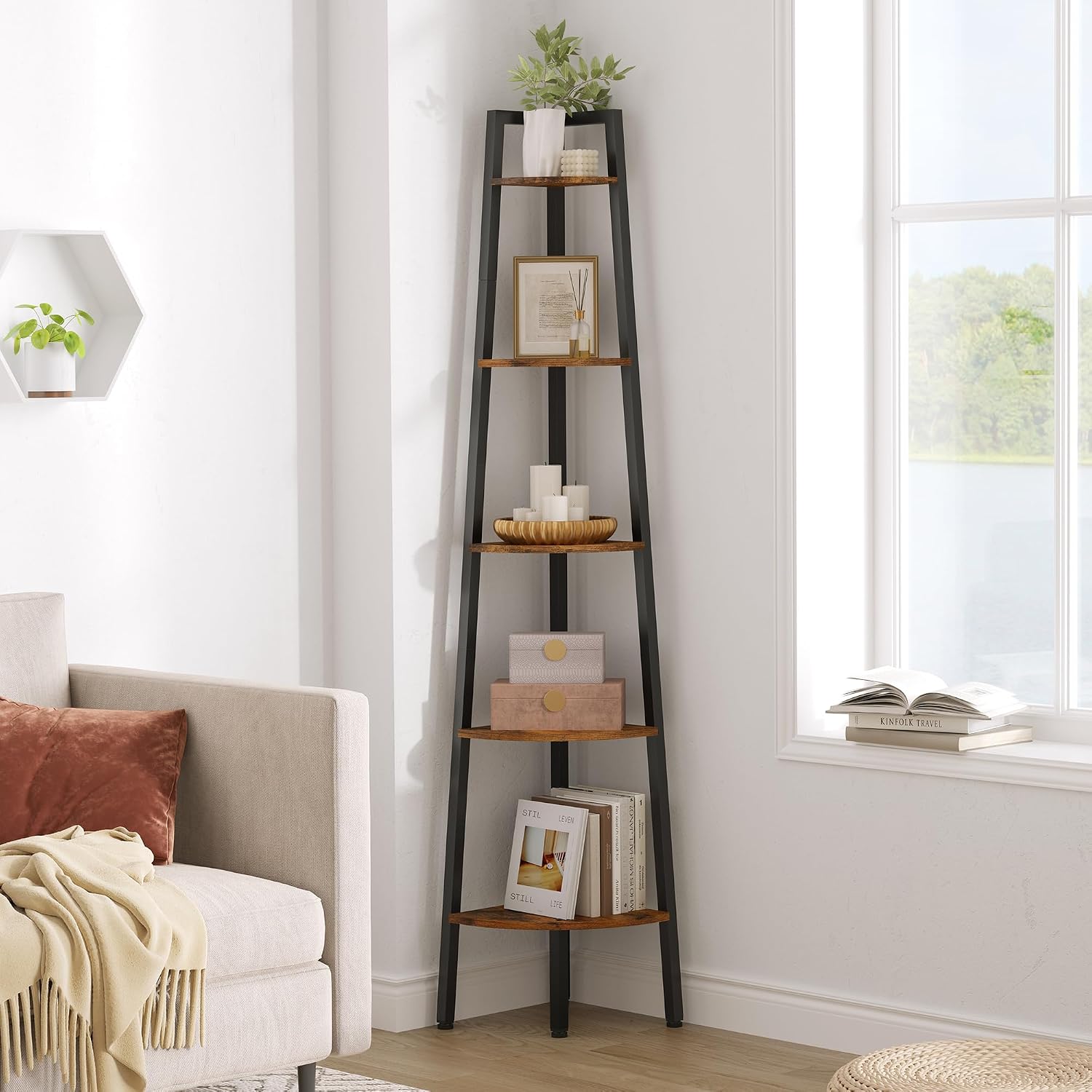 Rustic 5-Tier Corner Ladder Shelf