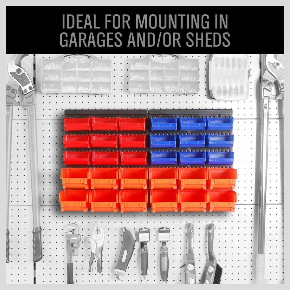 30PC Multi-Color Wall Mount Parts Bin Rack