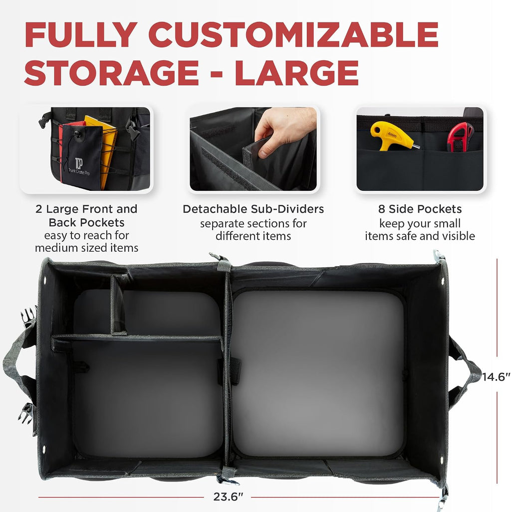 Black Large Adjustable Collapsible Car Trunk Organizer with Straps
