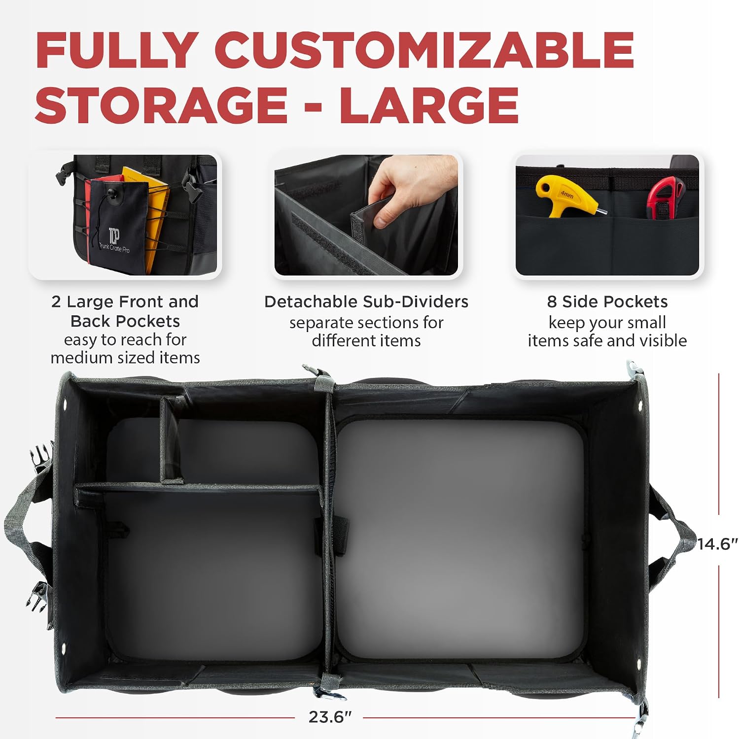 Black Large Adjustable Collapsible Car Trunk Organizer with Straps