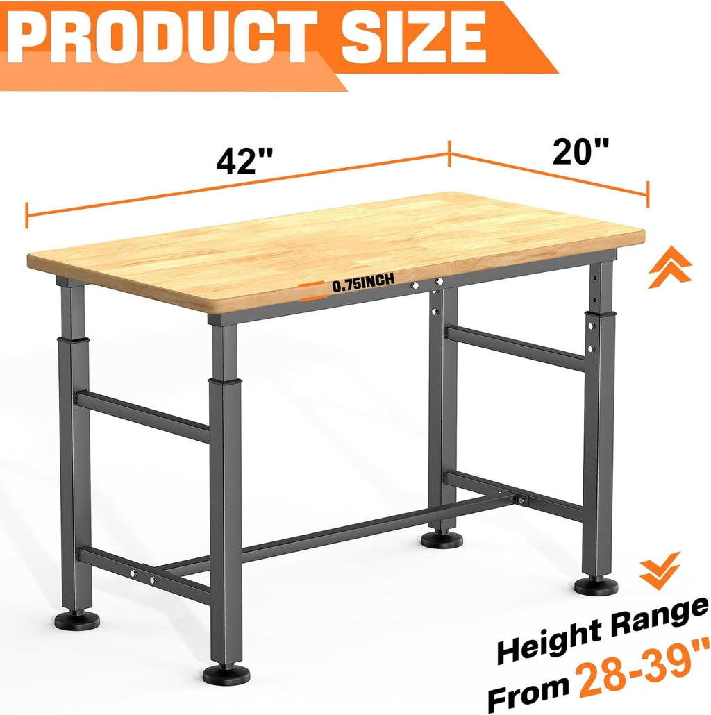 42" Adjustable Rubberwood Workbench 2000 LBS