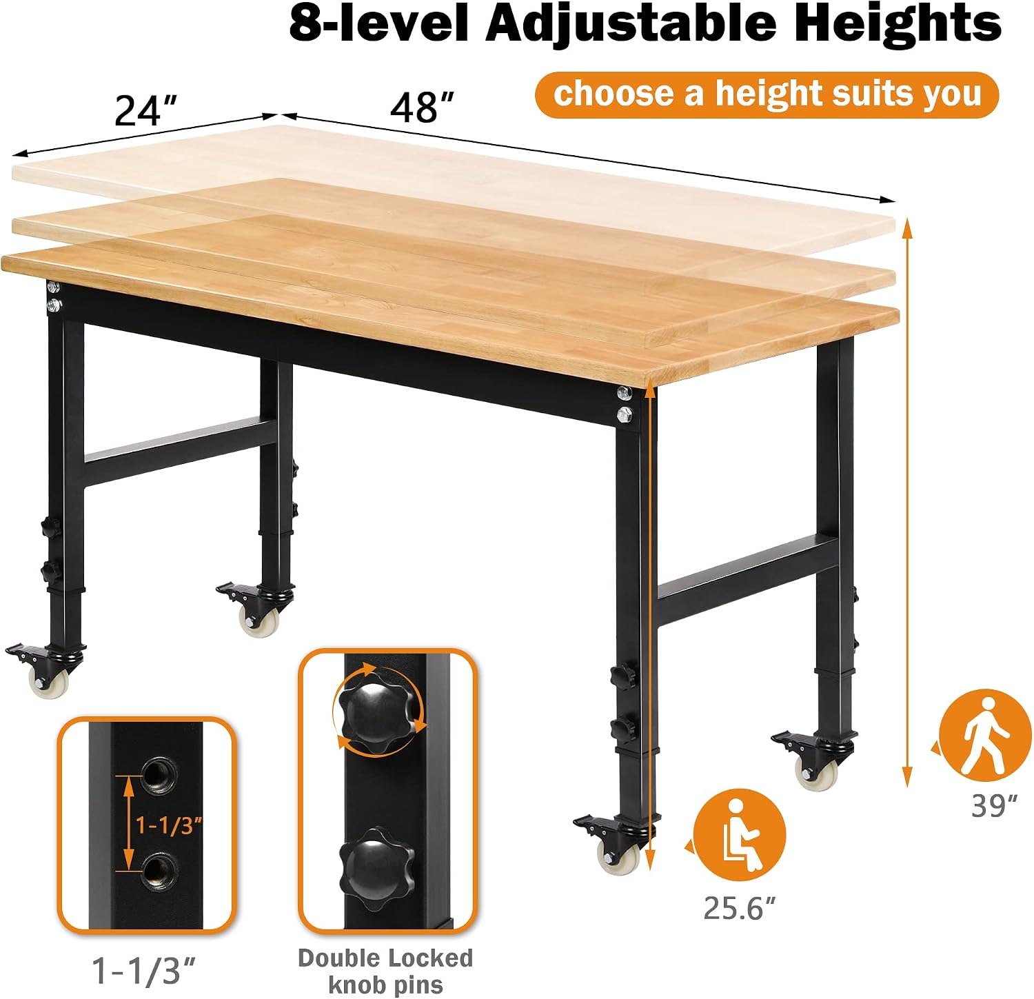 48" Mobile Rubberwood Workbench 2000 LBS