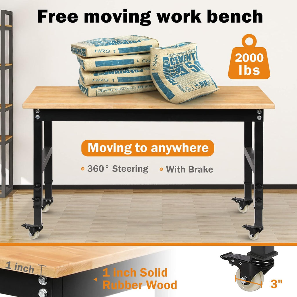 48" Mobile Rubberwood Workbench 2000 LBS