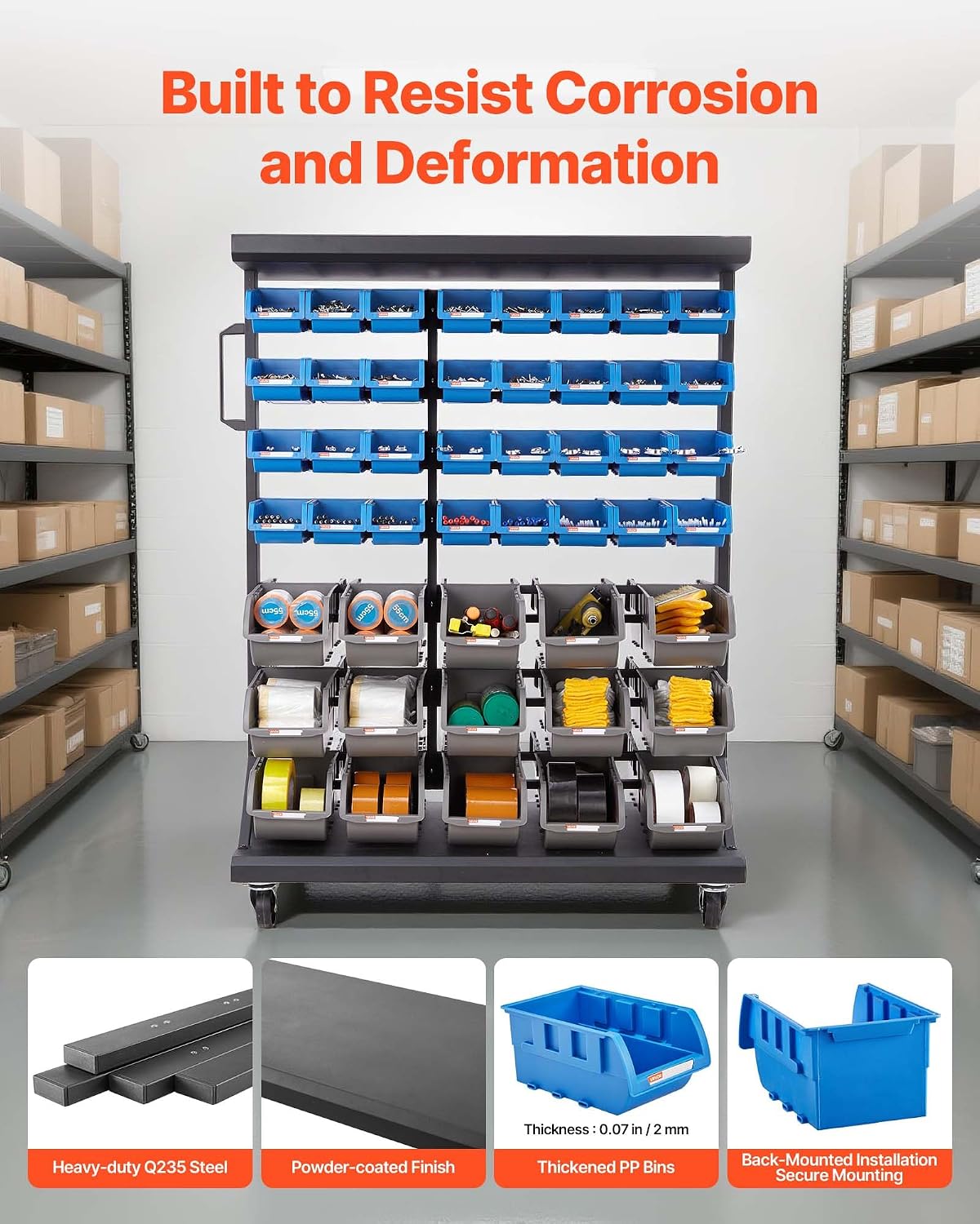 7-Tier Mobile Double-Sided Bin Storage Rack