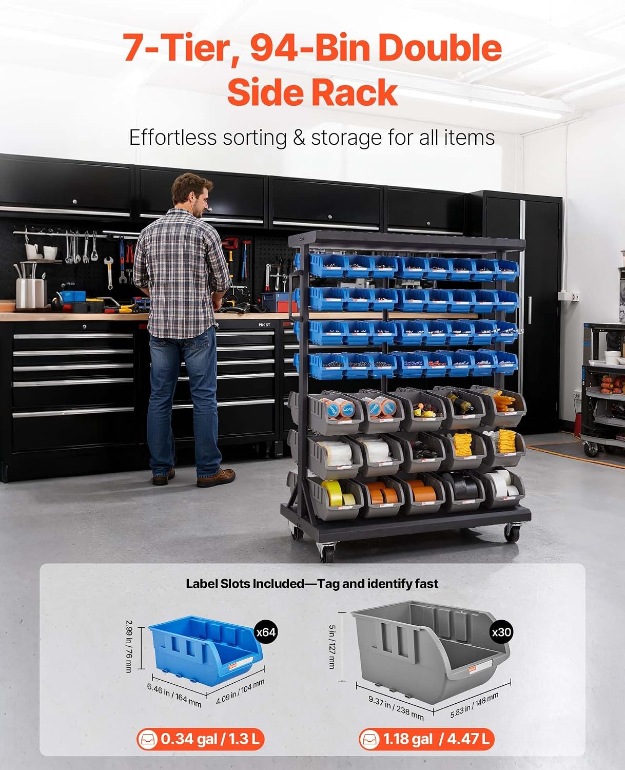 7-Tier Mobile Double-Sided Bin Storage Rack