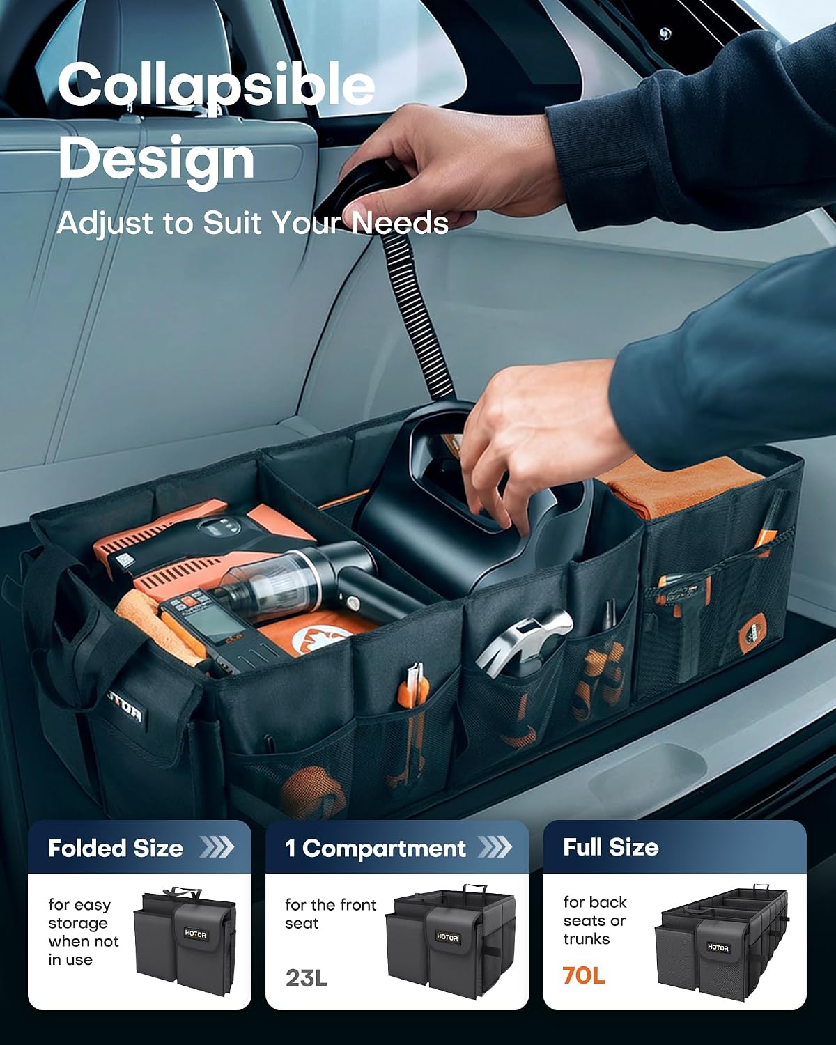 Black 3 Compartment Foldable Car Trunk Organizer