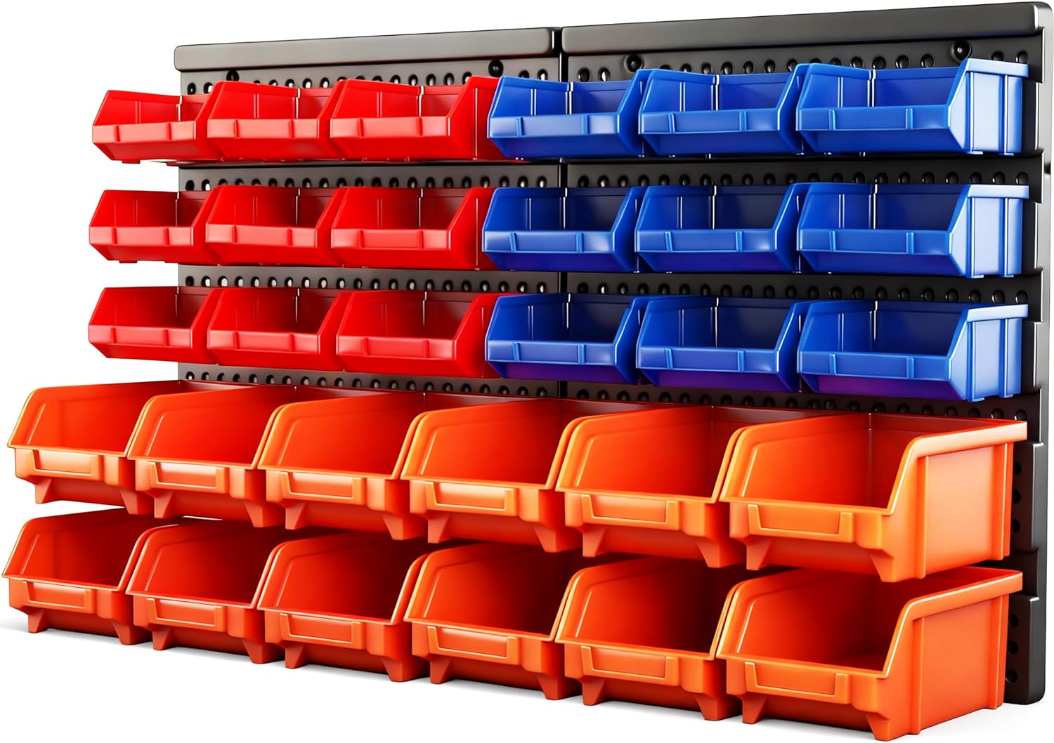 30PC Multi-Color Wall Mount Parts Bin Rack
