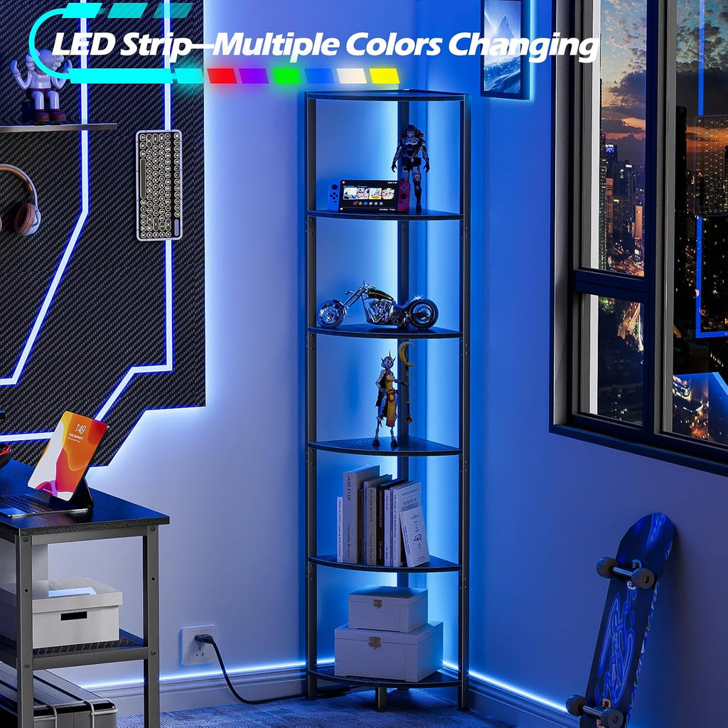 6-Tier Black LED Corner Bookshelf