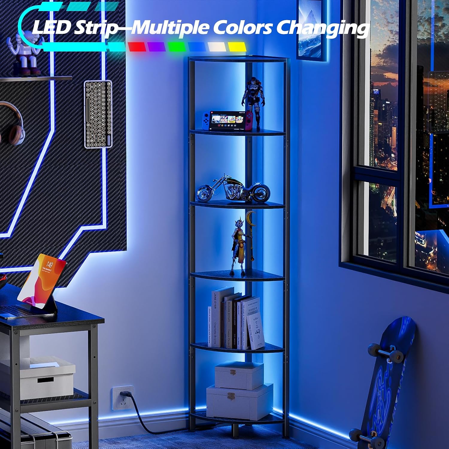 6-Tier Black LED Corner Bookshelf