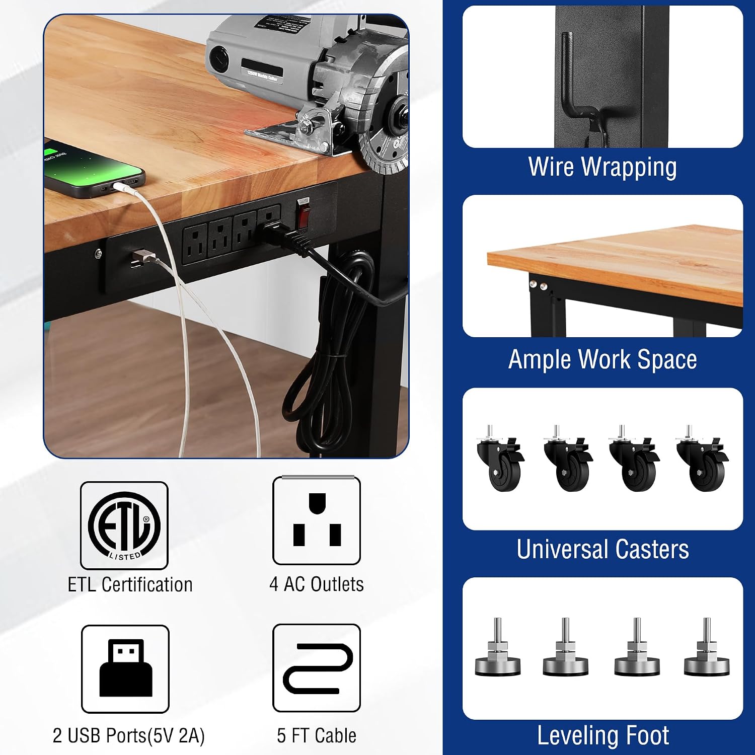 48" Mobile Rubberwood Power Workbench
