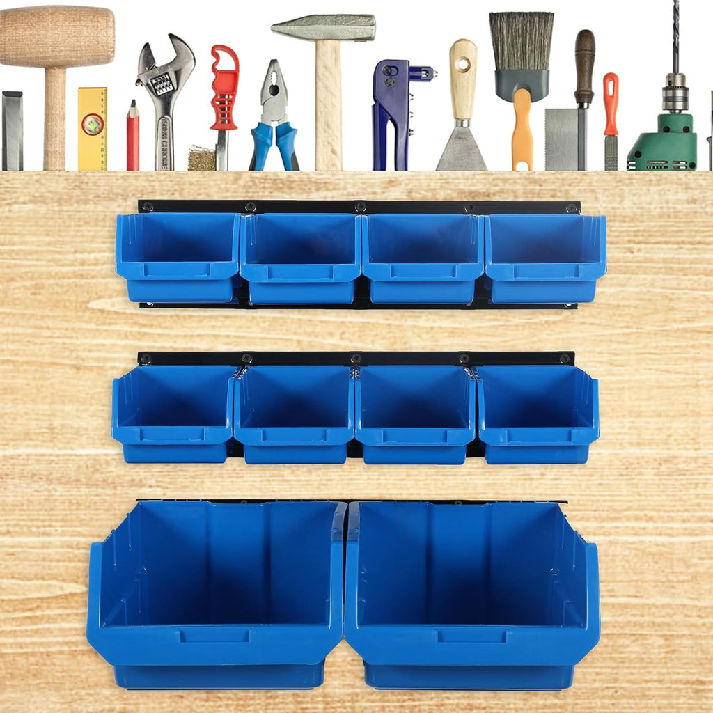 Blue Wall Mount 10-Bin Hardware Storage Rack