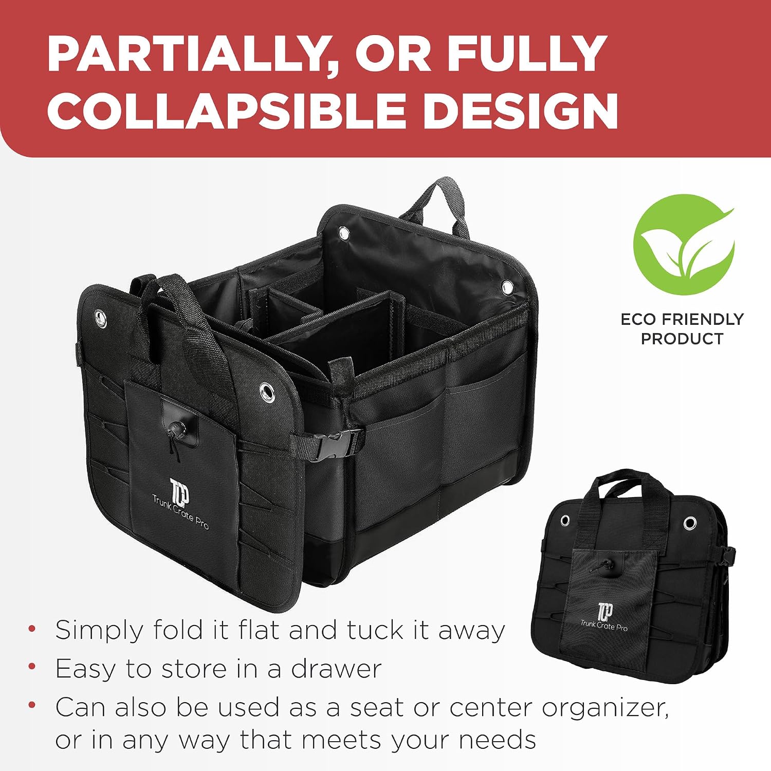 Black Large Adjustable Collapsible Car Trunk Organizer with Straps