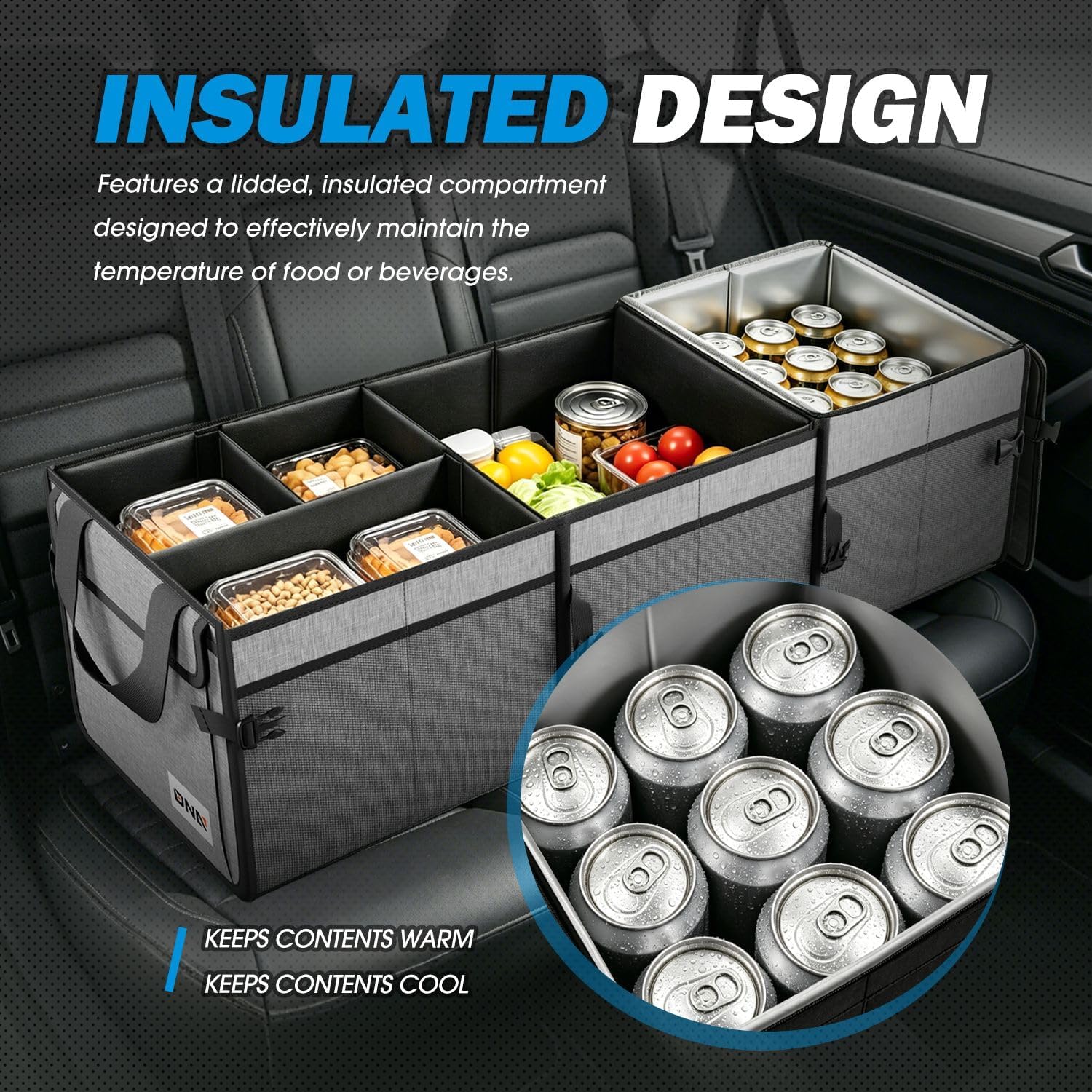 Grey 90L 5 Compartment Foldable SUV Trunk Organizer with Cover