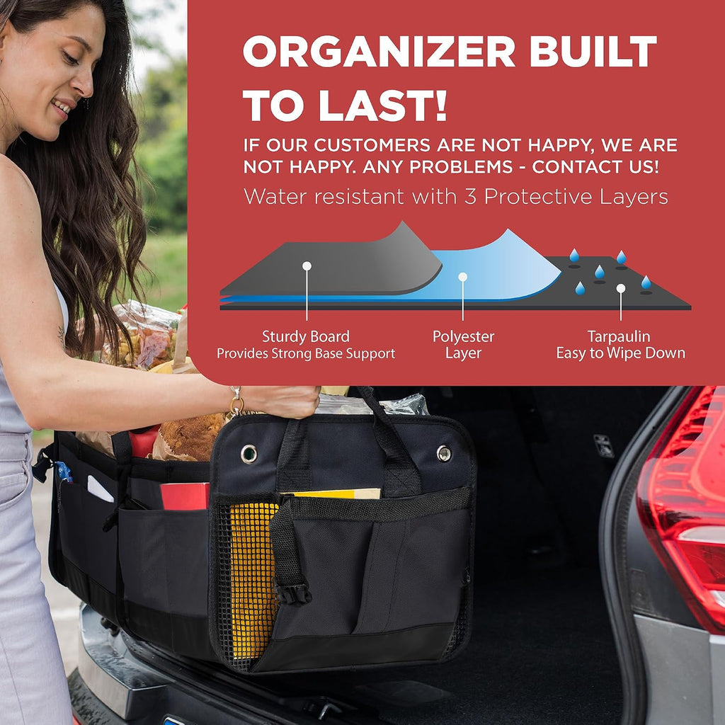 Black Large Adjustable Collapsible Car Trunk Organizer with Straps
